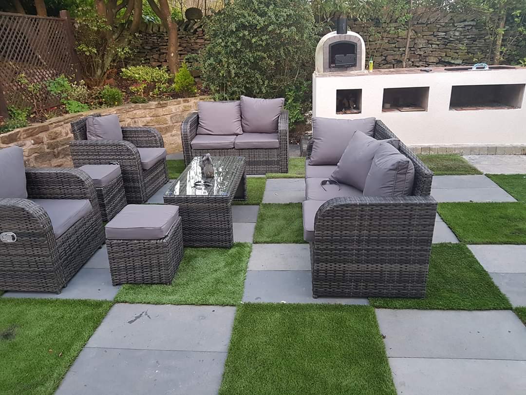 New barbecue area with artificial grass and new patio